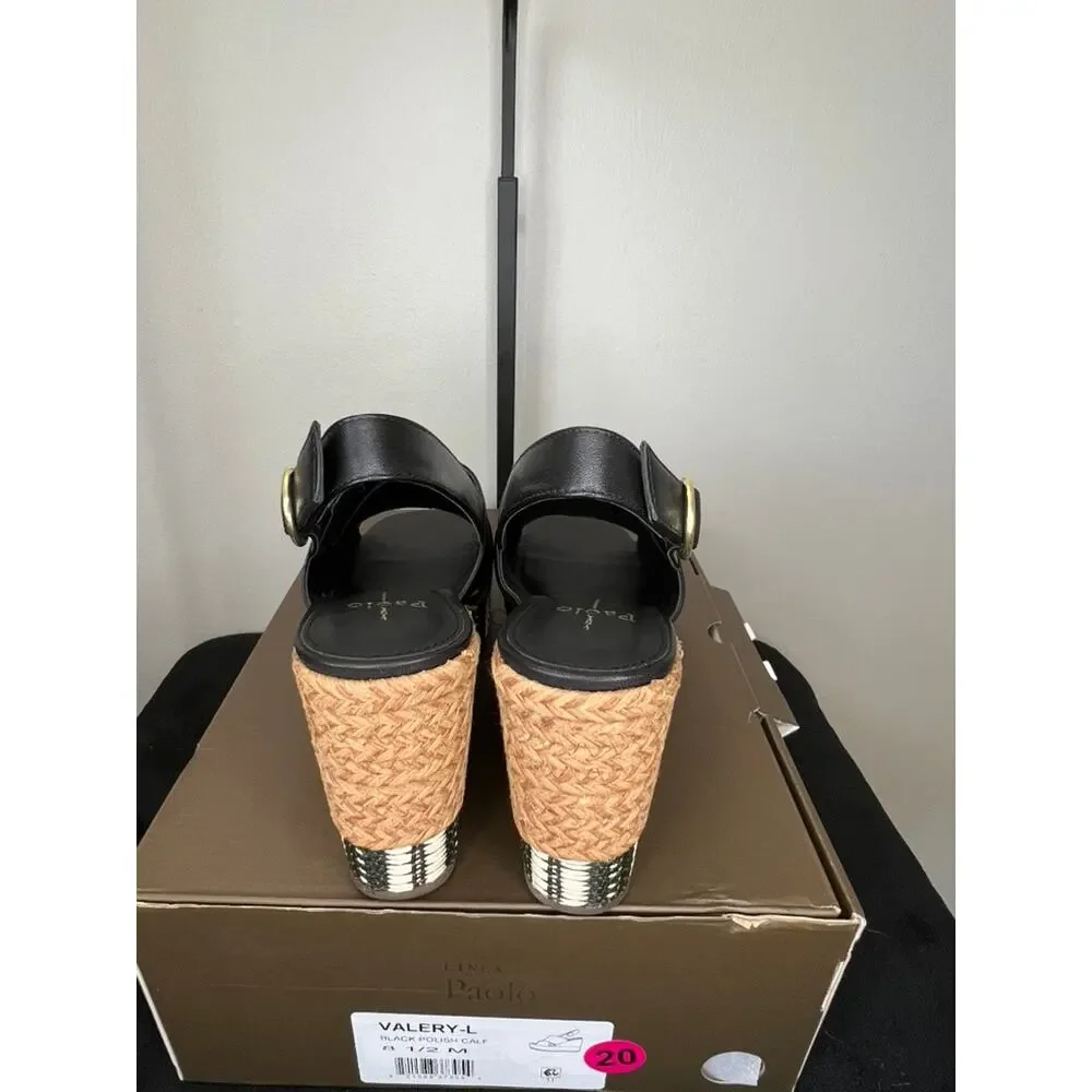 Linea Paolo Valery-L Black Leather Platform Wedge Sandals Size 8.5 NIB